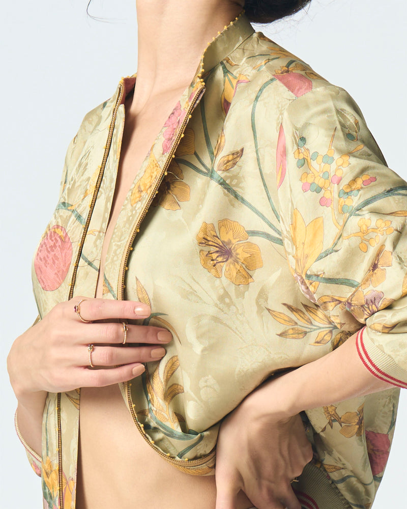 Summer-Jacket Bomber Janbaaz Mint Silk Damask-Fashion Edit Orchard-WOW301SJ535-SUKETDHIR - Shop Cult Modern