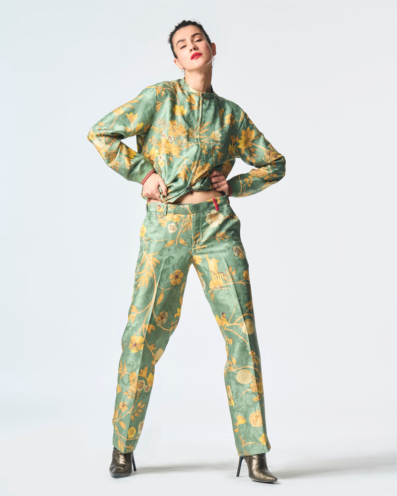 Summer-Jacket Bomber Janbaaz Sage Silk Damask-Fashion Edit Orchard-WOW301SJ538-SUKETDHIR - Shop Cult Modern
