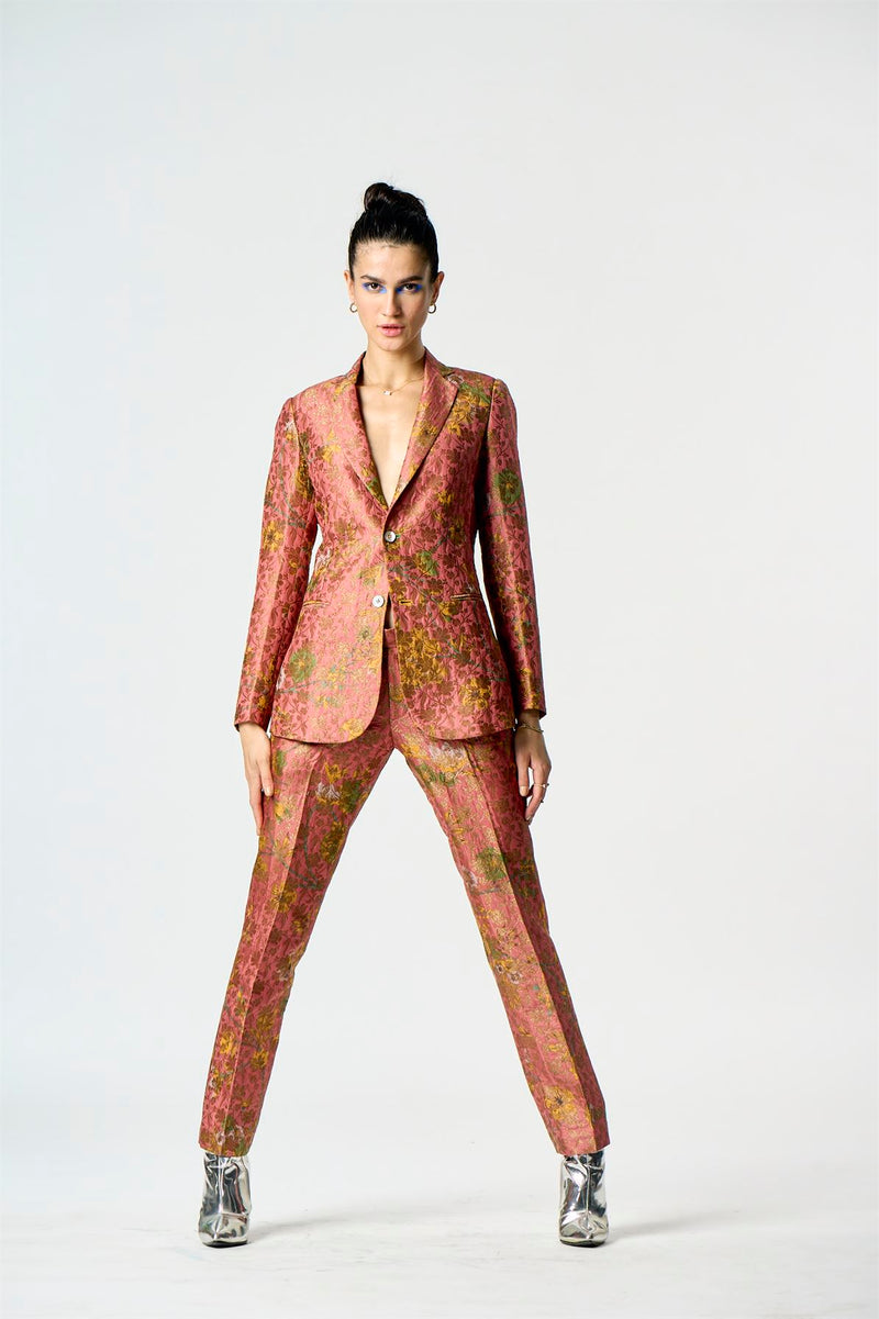 Kaumari' Rust Red Pure Handloom Silk Brocade Suit Set - Tilfi