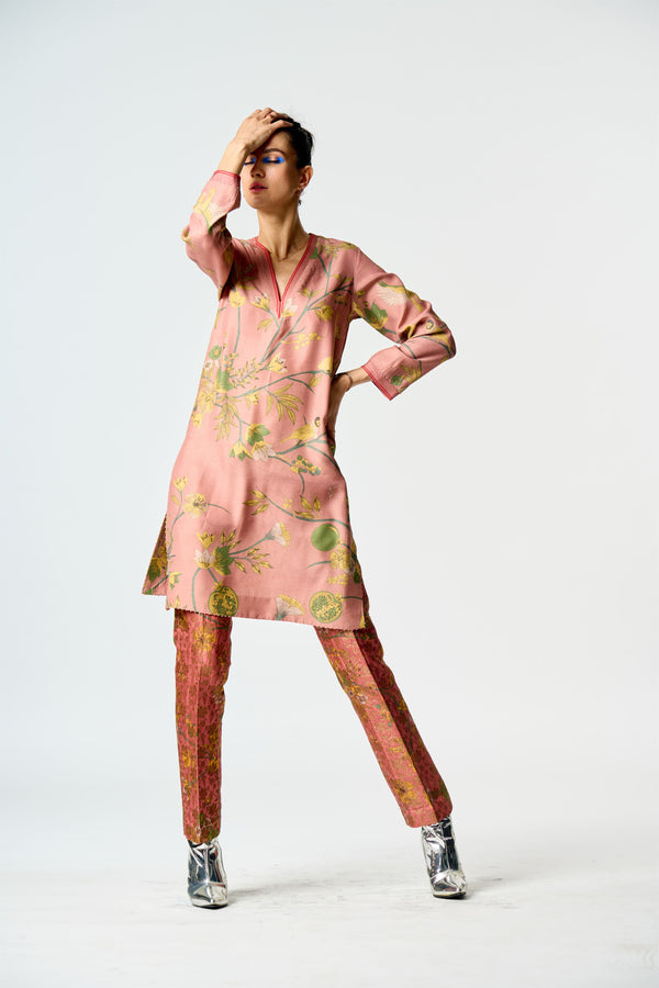 Summer-Tunic Kurta V Neck Rose Muga Satin Silk-Fashion Edit Orchard-WP507MT537-SUKETDHIR - Shop Cult Modern