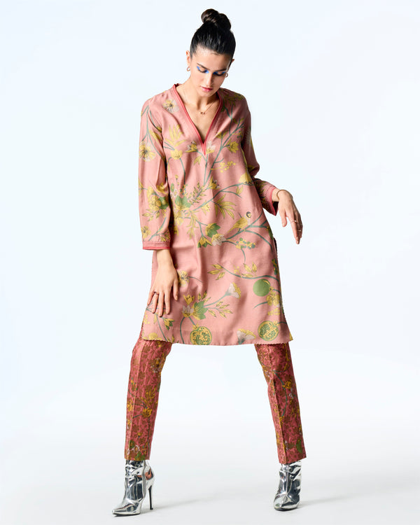 Summer-Tunic Kurta V Neck Rose Muga Satin Silk-Fashion Edit Orchard-WP507MT537-SUKETDHIR - Shop Cult Modern