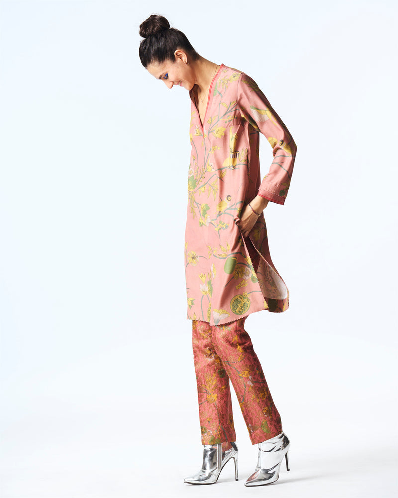 Summer-Tunic Kurta V Neck Rose Muga Satin Silk-Fashion Edit Orchard-WP507MT537-SUKETDHIR - Shop Cult Modern