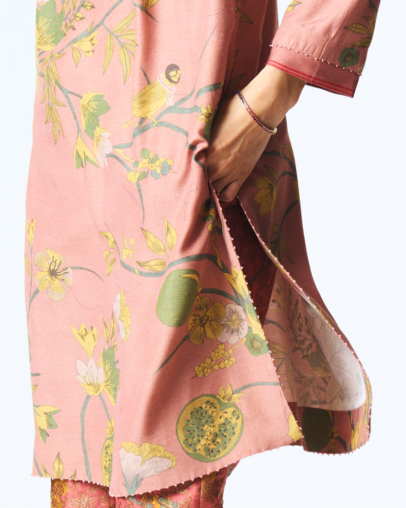 Summer-Tunic Kurta V Neck Rose Muga Satin Silk-Fashion Edit Orchard-WP507MT537-SUKETDHIR - Shop Cult Modern