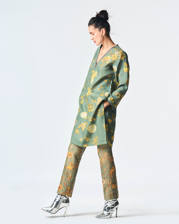 Summer-Tunic Kurta V Neck Sage Muga Satin Silk-Fashion Edit Orchard-WP507MT538-SUKETDHIR - Shop Cult Modern