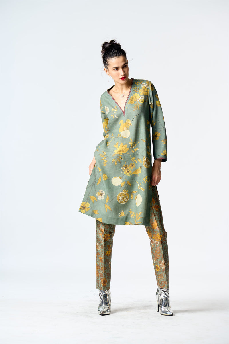 Summer-Tunic Kurta V Neck Sage Muga Satin Silk-Fashion Edit Orchard-WP507MT538-SUKETDHIR - Shop Cult Modern