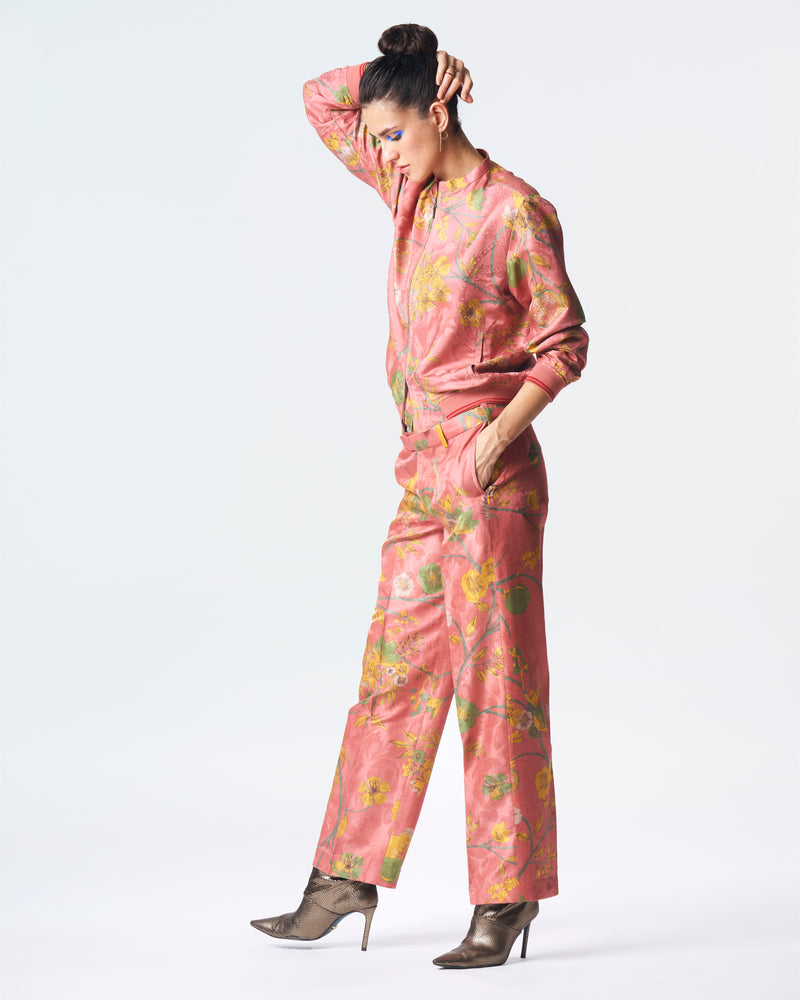 Summer-Trousers Straight Fit Rose Silk Damask-Fashion Edit Orchard-WP532SJ537-SUKETDHIR - Shop Cult Modern