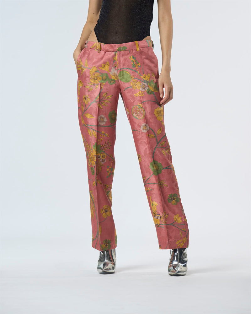 Summer-Trousers Straight Fit Rose Silk Damask-Fashion Edit Orchard-WP532SJ537-SUKETDHIR - Shop Cult Modern