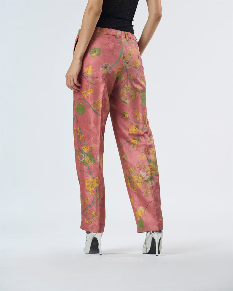 Summer-Trousers Straight Fit Rose Silk Damask-Fashion Edit Orchard-WP532SJ537-SUKETDHIR - Shop Cult Modern