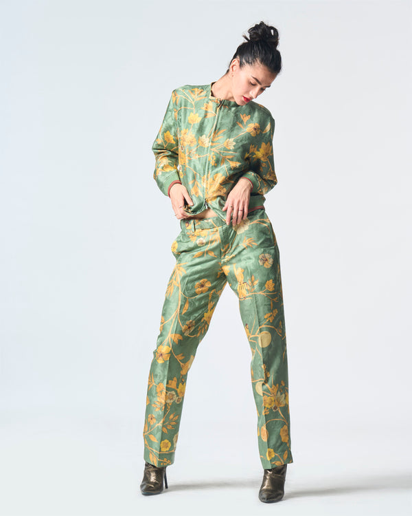 Summer-Trousers Straight Fit Sage Silk Damask-Fashion Edit Orchard-WP532SJ538-SUKETDHIR - Shop Cult Modern