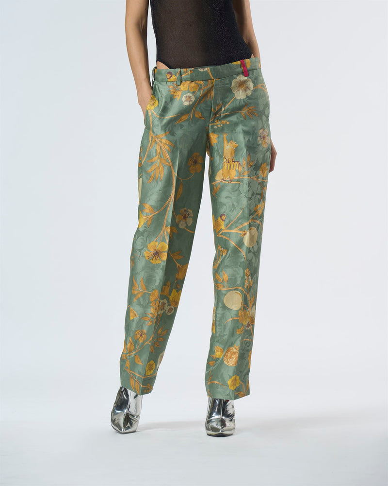 Summer-Trousers Straight Fit Sage Silk Damask-Fashion Edit Orchard-WP532SJ538-SUKETDHIR - Shop Cult Modern