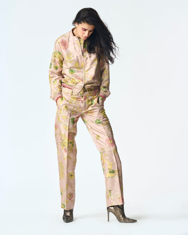 Summer-Trousers Straight Fit Pink Silk Damask-Fashion Edit Orchard-WP532SJ544-SUKETDHIR - Shop Cult Modern