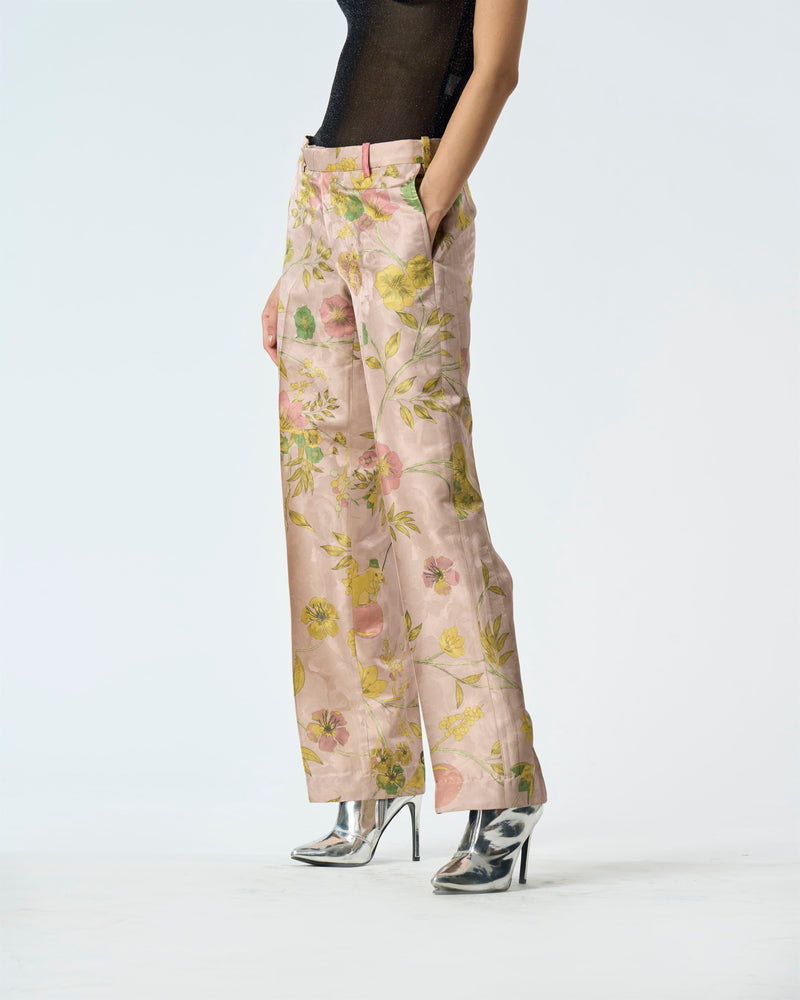 Summer-Trousers Straight Fit Pink Silk Damask-Fashion Edit Orchard-WP532SJ544-SUKETDHIR - Shop Cult Modern