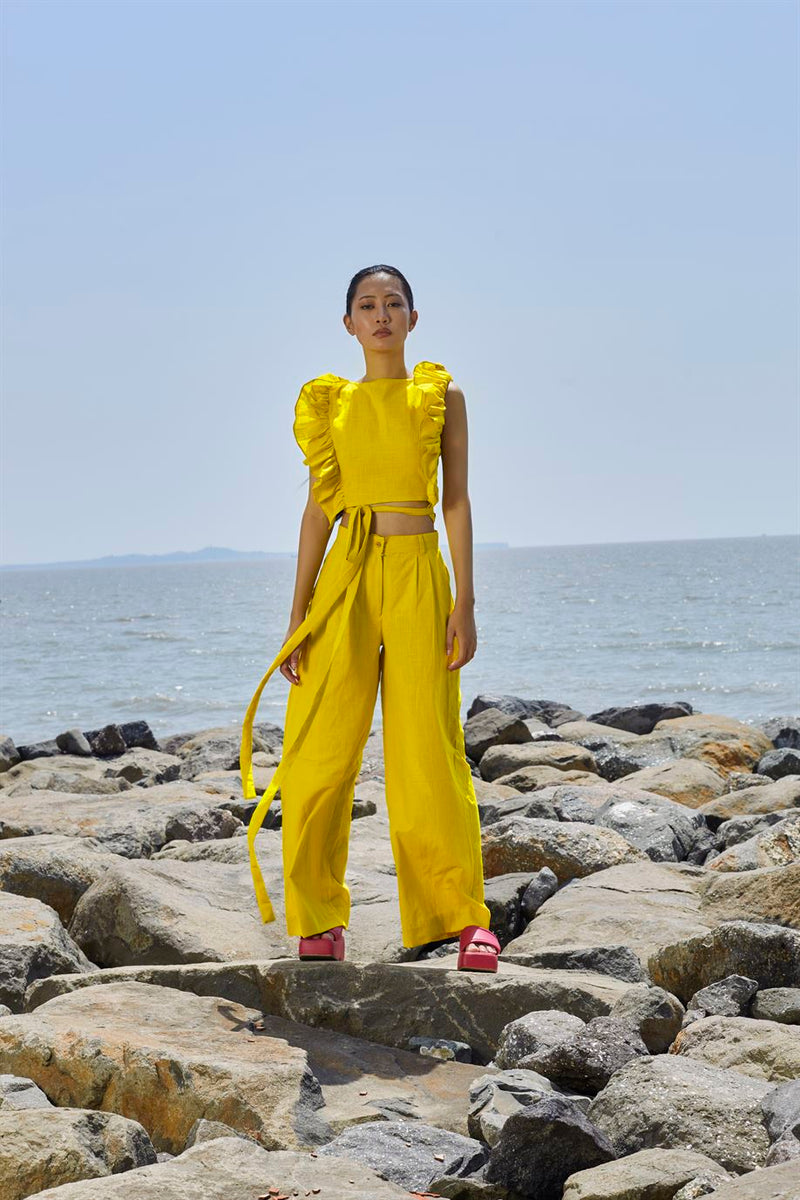 New Season Summer/Fall 24-Pants HighWaisted Cotton Yellow-MT H-Waist Trouser-NA Slub Yellow-Fashion Edit Mati - Shop Cult Modern