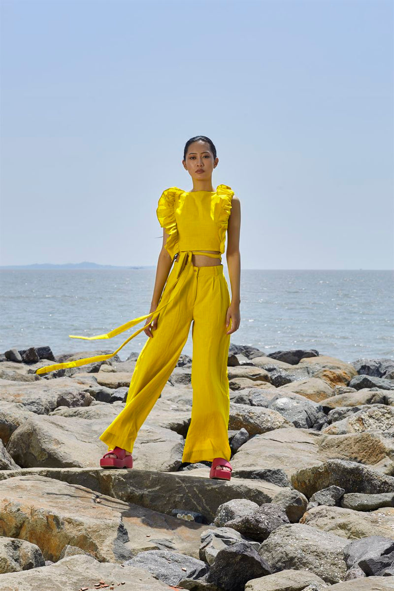 New Season Summer/Fall 24-Pants HighWaisted Cotton Yellow-MT H-Waist Trouser-NA Slub Yellow-Fashion Edit Mati - Shop Cult Modern