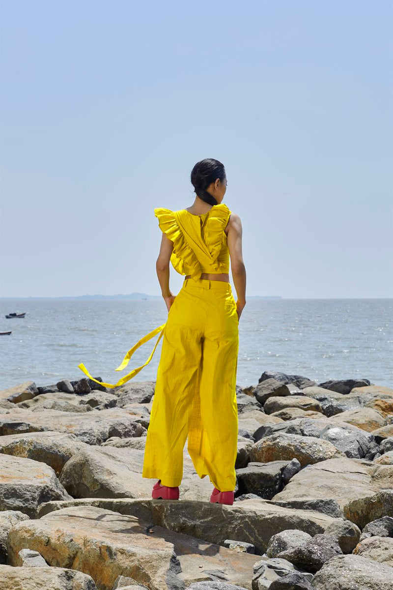 New Season Summer/Fall 23-Pants HighWaisted Cotton Yellow-MT H-Waist Trouser-NA Slub Yellow-Fashion Edit Mati - Shop Cult Modern