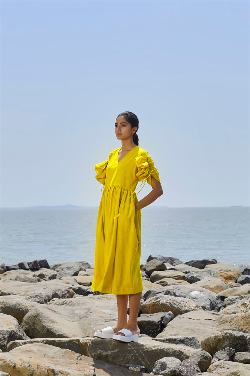 New Season Summer/Fall 23-Dress Ruffle Sleeve Cotton Yellow-MTRUFFSLDR-NA Slub Yellow-Fashion Edit Mati - Shop Cult Modern