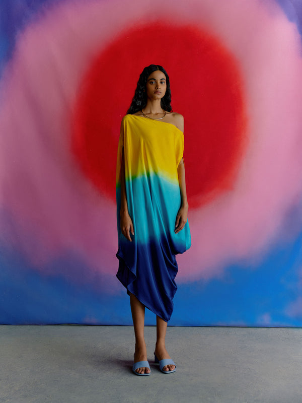 Studio Rigu   I   Womenswear, Western Leheriya Draped Dress Yellow/Blue/ Dark Blue Ombre Srdd001 - Shop Cult Modern