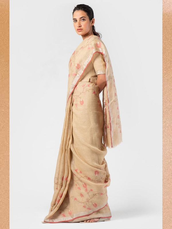 Anavila  I   french-rose-jamdani-linen-sari - Shop Cult Modern