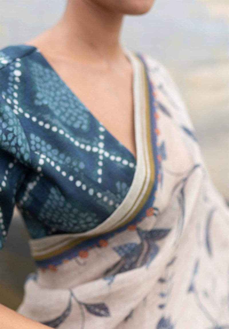 Yam   I   Lunigiana Indonesian Batik Saree SAREE Blouse Not Included LINEN WHITE & BLUE An Indian Summer YAMSR13 - Shop Cult Modern