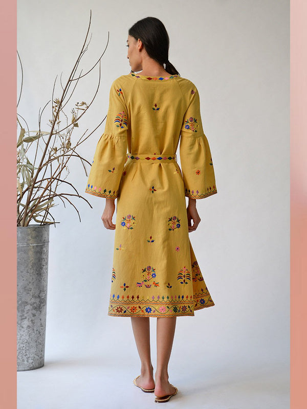 UMBAR by Payal Pratap   I   Dress Koteshwar  I  A Belted Dress With Peplum Sleeves And Myriad Shades Of Thread Embroideries Reminiscent Of The Kutch Region  I  A Day To Evening Summer Essential For Your Wardrobe - Shop Cult Modern
