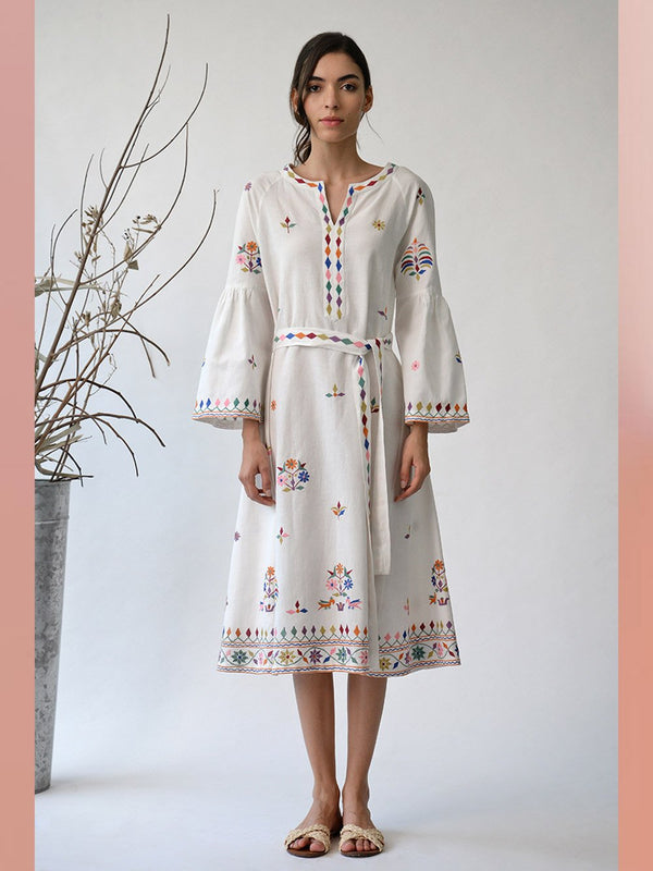 UMBAR by Payal Pratap   I   Dress  I  A Belted Dress With Peplum Sleeves And Myriad Shades Of Thread Embroideries Reminiscent Of The Kutch Region  I  A Day To Evening Summer Essential For Your Wardrobe - Shop Cult Modern