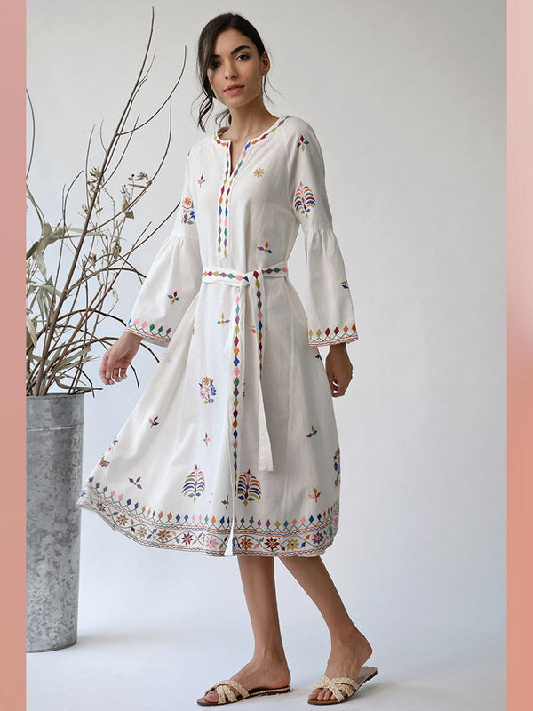 UMBAR by Payal Pratap   I   Dress  I  A Belted Dress With Peplum Sleeves And Myriad Shades Of Thread Embroideries Reminiscent Of The Kutch Region  I  A Day To Evening Summer Essential For Your Wardrobe - Shop Cult Modern