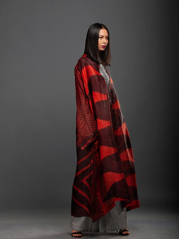 Sanskar by Sonam Dubal - Rust And Burgundy Silk Ikat Long Kimono - Shop Cult Modern