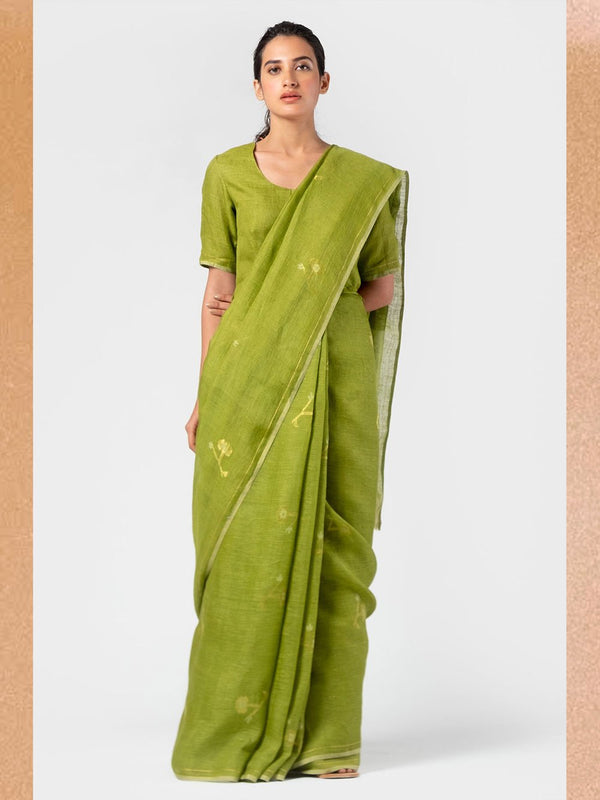Anavila  I   basil-jamdani-linen-sari - Shop Cult Modern