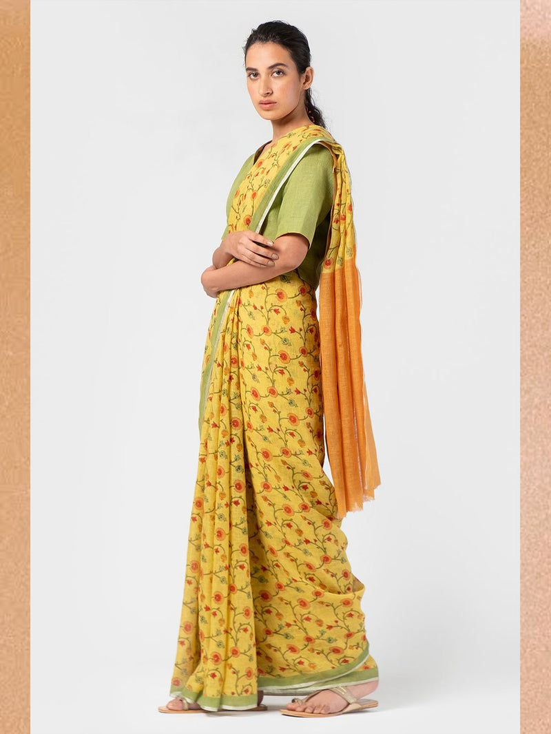 Anavila  I   floral-print-linen-sari - Shop Cult Modern