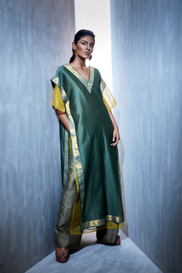 Urvashi Kaur   I   Block Printed Zari Kota Silk Slip Paired With Chanderi Silk Plunge Neck Long Tunic - Shop Cult Modern