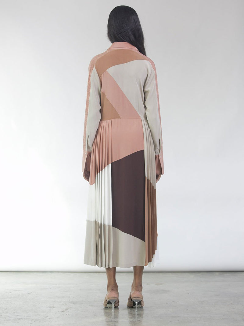 Bodice   I   Dress-This-Fluid-Shirt-Dress-Features-Geometric-Colour-Block-Pattern-With-Pleats-At-The-Bottom-Made-In-100-Silk-Crepe-It-Has-Tonal-Smocking-Details-This-Dress-Also-Features-Pockets-On-Each-Side - Shop Cult Modern