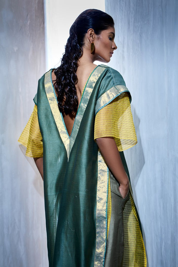 Urvashi Kaur   I   Block Printed Zari Kota Silk Slip Paired With Chanderi Silk Plunge Neck Long Tunic - Shop Cult Modern