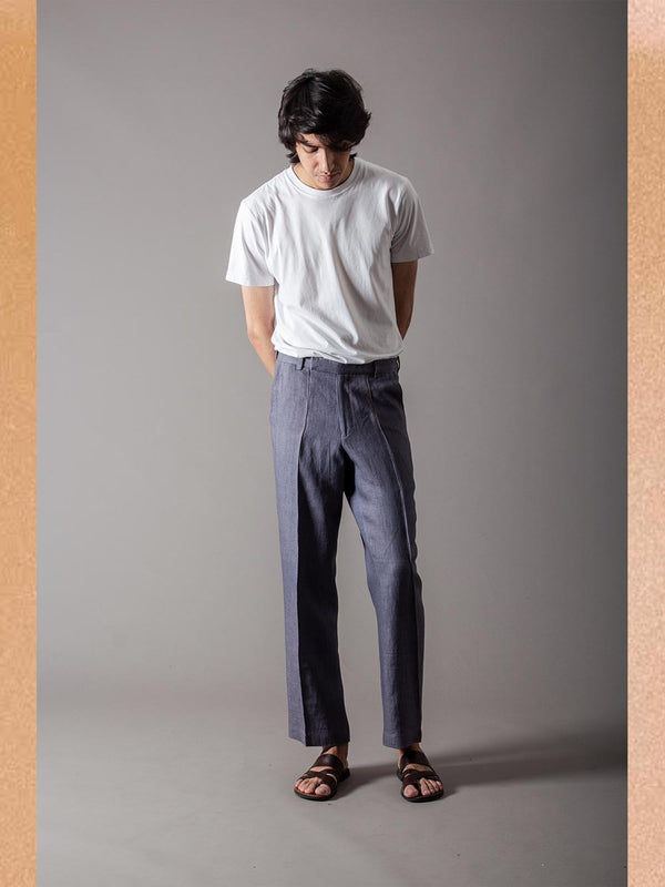 SUKETDHIR   I   SD Azad Permanent Crease Trouser | Linen | Grey Blue - Shop Cult Modern