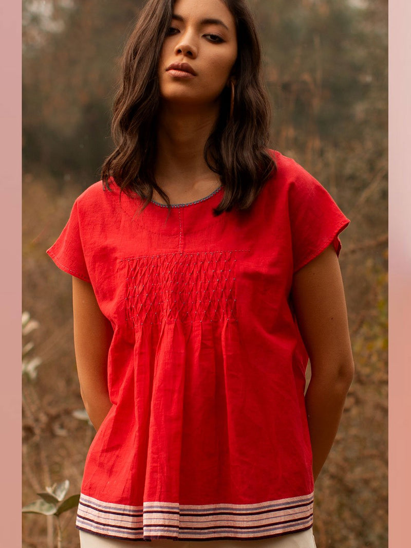 Payal Pratap   -   Top Roland  I  Cap Sleeve Smocked Top With Contrasting Selvedge And Hand Detailing On Neck - Shop Cult Modern