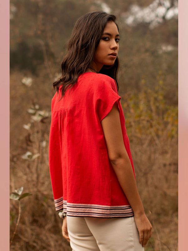 Payal Pratap   -   Top Roland  I  Cap Sleeve Smocked Top With Contrasting Selvedge And Hand Detailing On Neck - Shop Cult Modern