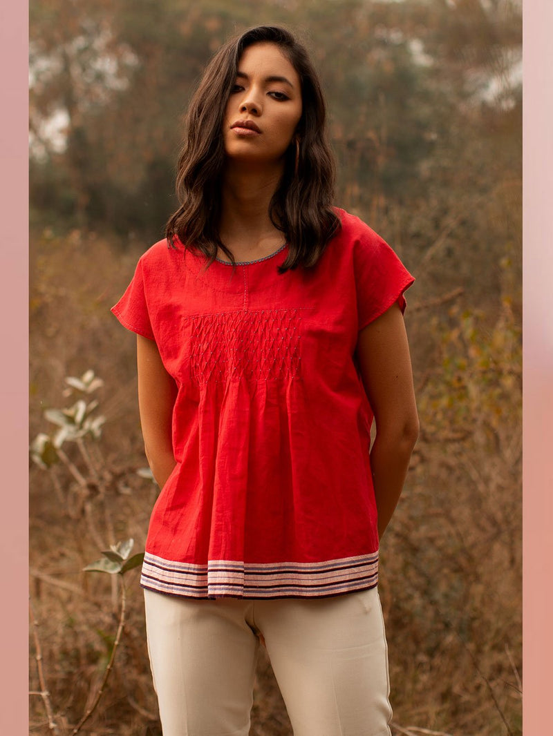 Payal Pratap   -   Top Roland  I  Cap Sleeve Smocked Top With Contrasting Selvedge And Hand Detailing On Neck - Shop Cult Modern