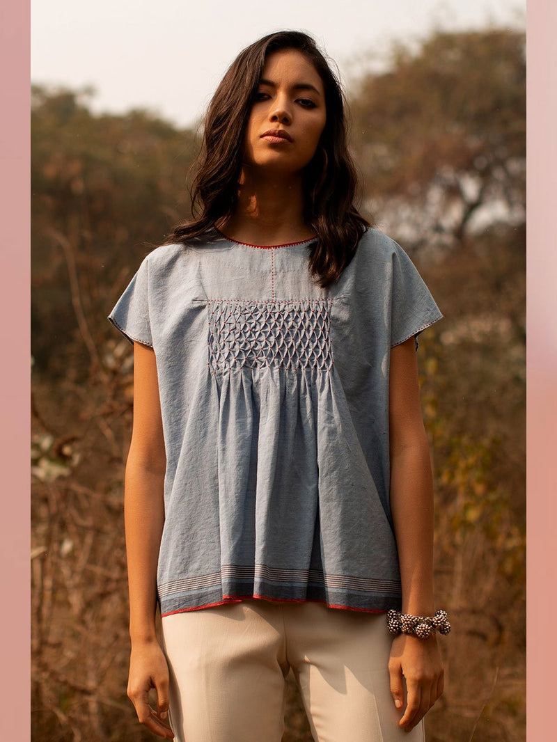 Payal Pratap   -   Top Roland  I  Cap Sleeve Smocked Top With Contrasting Selvedge And Hand Detailing On Neck - Shop Cult Modern