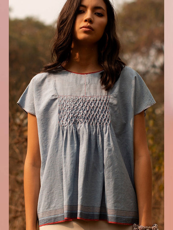 Payal Pratap   -   Top Roland  I  Cap Sleeve Smocked Top With Contrasting Selvedge And Hand Detailing On Neck - Shop Cult Modern