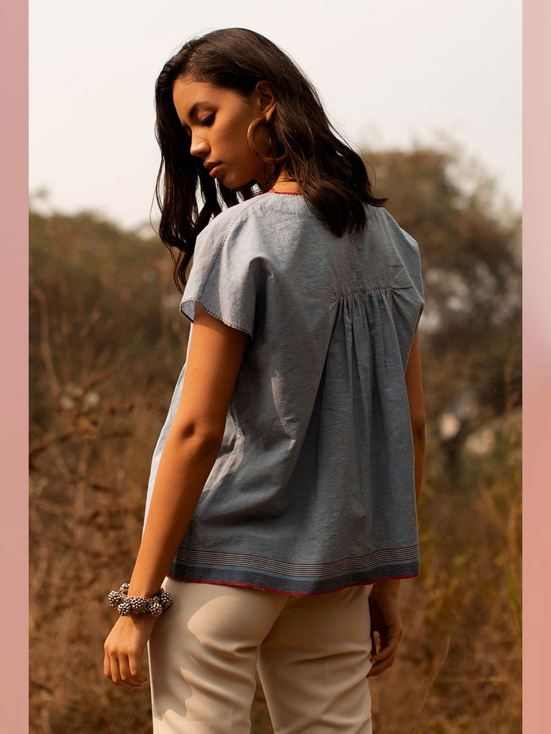 Payal Pratap   -   Top Roland  I  Cap Sleeve Smocked Top With Contrasting Selvedge And Hand Detailing On Neck - Shop Cult Modern