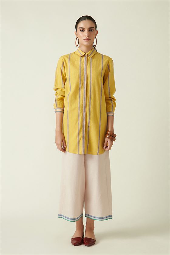 Payal Pratap   I  Annex  Meshima Buttoned Down Top Cotton Handloom Yellow Transition Edit 1T-13 - Shop Cult Modern