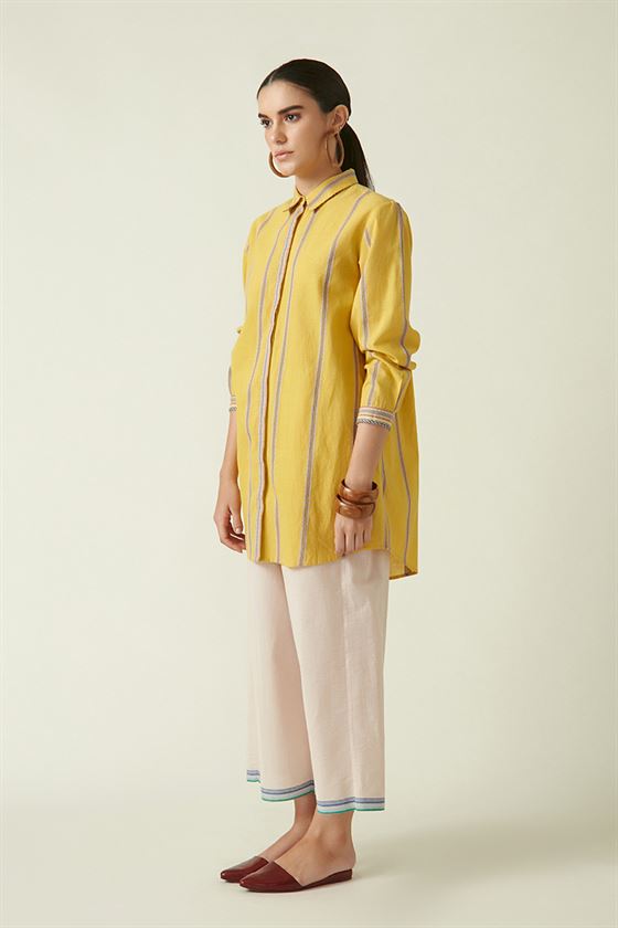 Payal Pratap   I  Annex  Meshima Buttoned Down Top Cotton Handloom Yellow Transition Edit 1T-13 - Shop Cult Modern