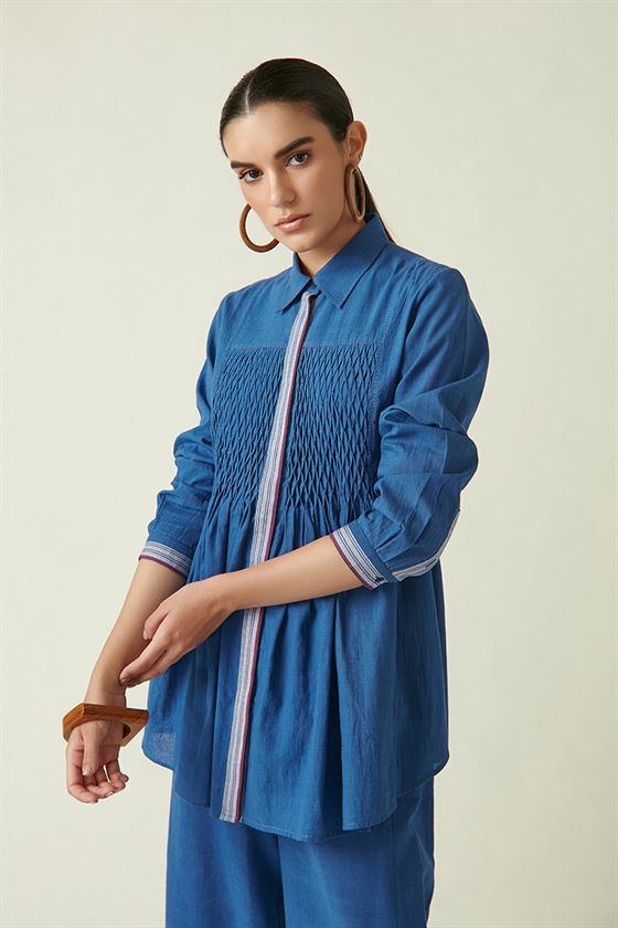 Payal Pratap   I   Greektown Camilus Smocked Top Cotton Handloom Blue   Transition Edit 1T-8 - Shop Cult Modern