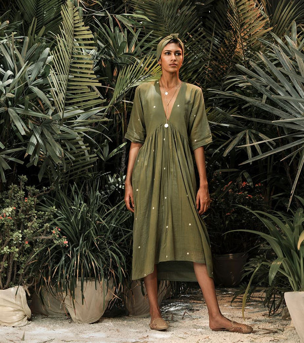 Khara Kapas   -   Dewdrops In The Garden Ruffled Empire Yoke Dress- Sage Green - Another Day in Paradise - Shop Cult Modern