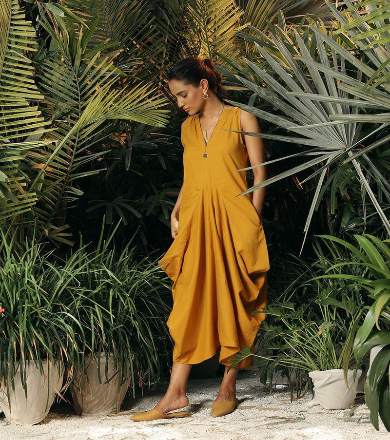 Khara Kapas   -   Dreamtime Story Ochre Side Cowl Dress - Another Day in Paradise - Shop Cult Modern