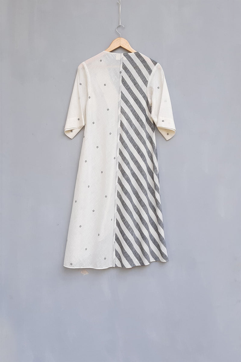 Urvashi Kaur   I   Seoul DRESS ZEPHYR hand spun cotton jamdani Shell And Charcoal TESSELLATE- 100 - Shop Cult Modern