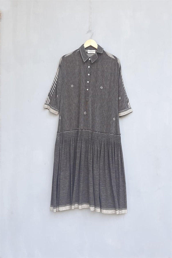 Urvashi Kaur   I   Xinyi SHIRT DRESS MERIDIAN DRESS hand spun cotton jamdani slate TESSELLATE- 105 - Shop Cult Modern