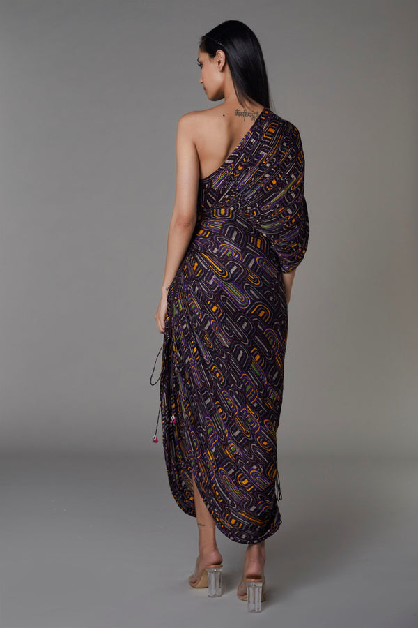 Saaksha & KinniÂ    I   Purple semi circle one shoulder sari dress Cotton silk / Chiffon Purple SS22043 - Shop Cult Modern