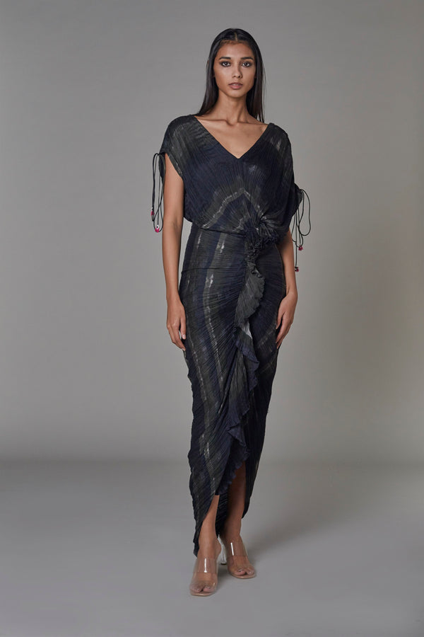 Saaksha & KinniÂ    I   Olive black print print v neck sari dress Cotton Silk / Chiffon Black / Green SS22044 - Shop Cult Modern