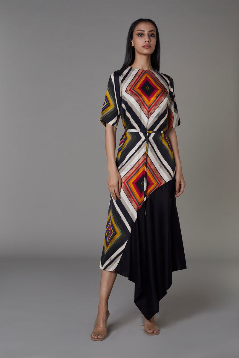 Saaksha & KinniÂ    I   Black big diamond asymmetric shift dress Satin Multi SS22025 - Shop Cult Modern