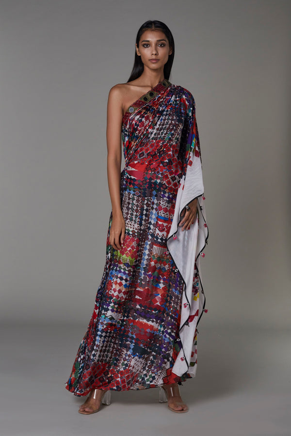 Saaksha & KinniÂ    I   AK print one shoulder kaftan dress with embroidery Cotton Silk Multi SS22041 - Shop Cult Modern